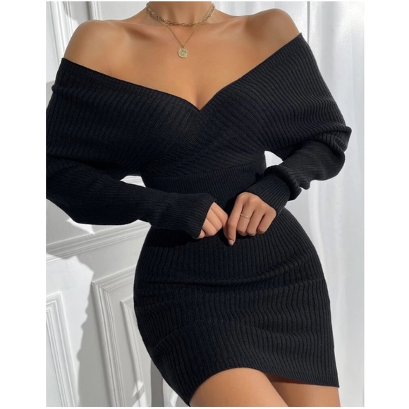 Fitted Off Shoulder Ribbed Sweater Dress - Picture 9 of 11